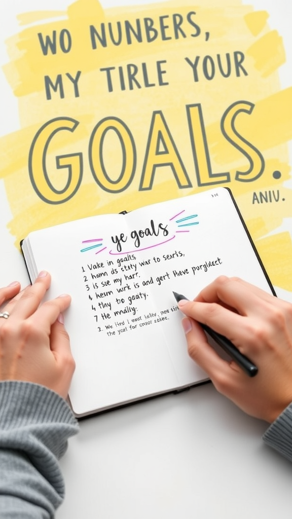 Person writing goals in a notebook with a vibrant yellow background.