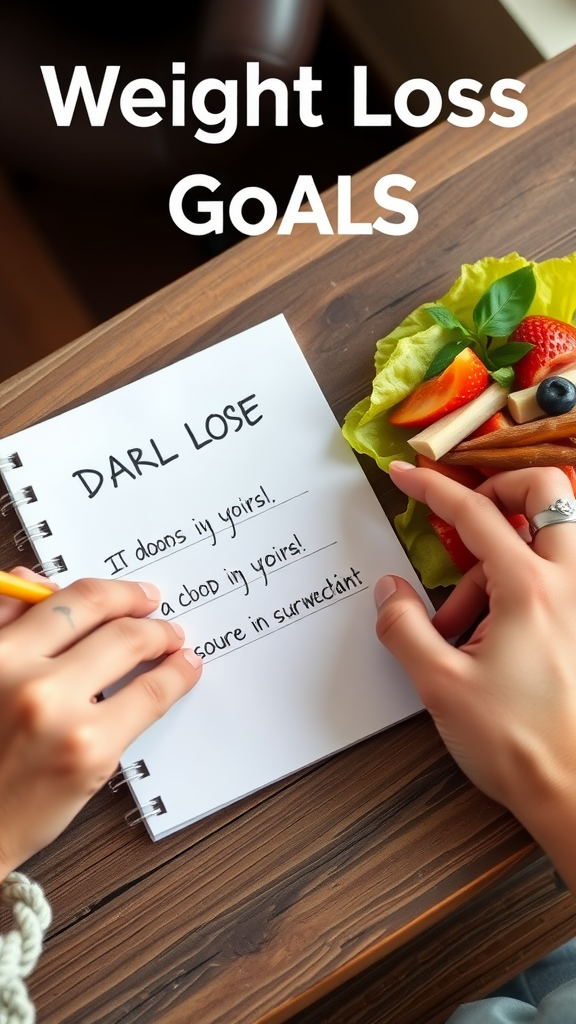 A hand writing weight loss goals on a notepad with fresh strawberries and greens nearby.