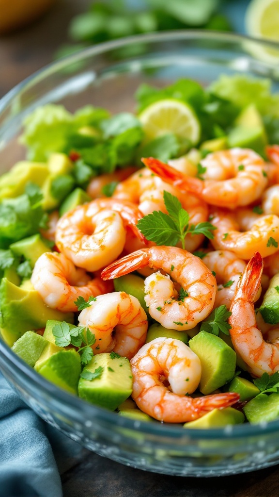 A fresh shrimp and avocado salad with cilantro and lime in a glass bowl