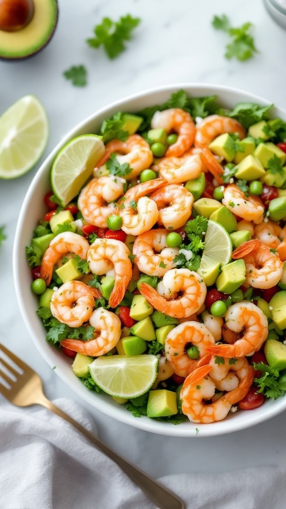 A colorful shrimp avocado salad with greens, shrimp, diced avocado, peas, red peppers, and lime wedges.