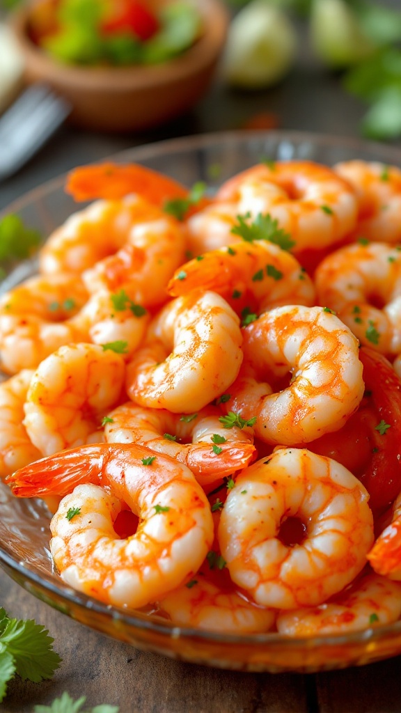 A plate of shrimp cocktail featuring juicy shrimp garnished with herbs.