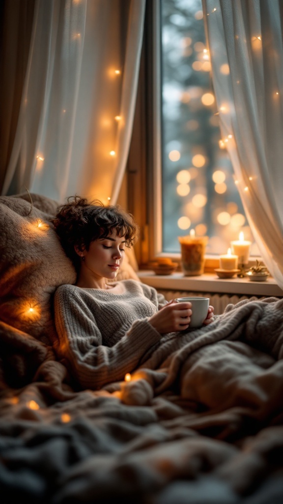 A person relaxing in a cozy setting with warm lights and a comforting drink.