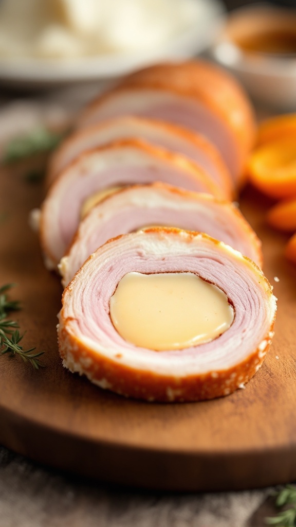 Sliced turkey with cheese filling on a wooden board