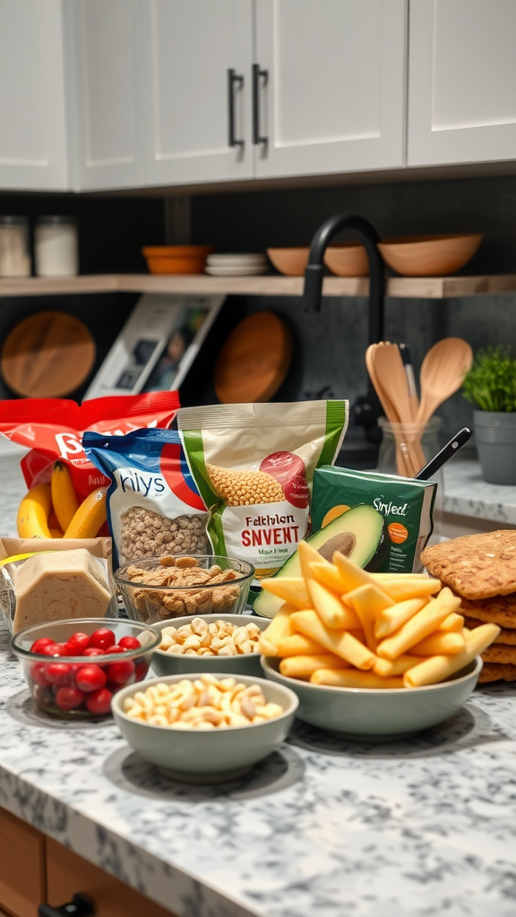 A variety of healthy snacks including bananas, nuts, and cherry tomatoes arranged on a kitchen countertop.