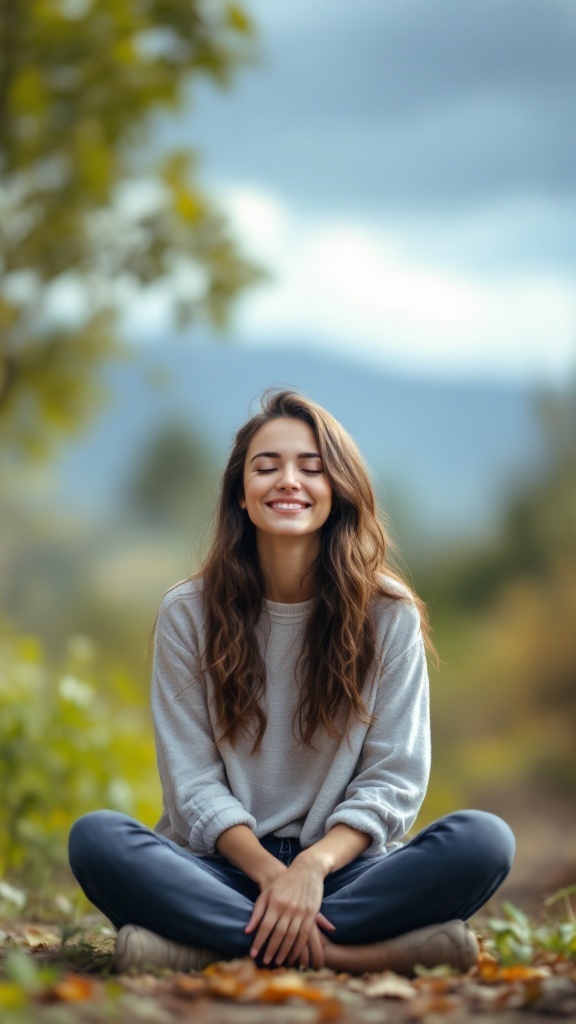 A woman sitting outdoors with a serene smile, embodying peace and mindfulness.