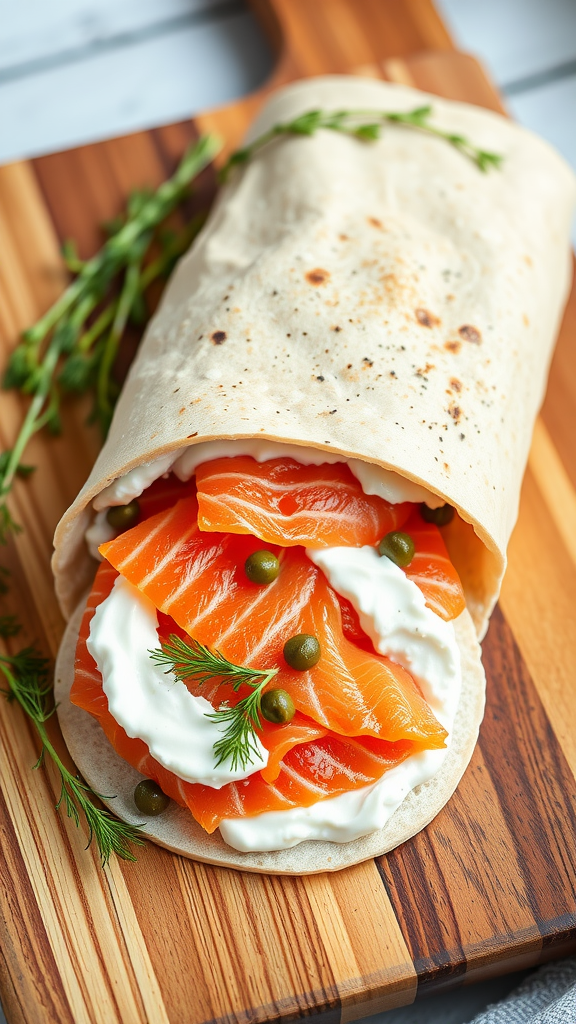 A smoked salmon and cream cheese wrap with dill and capers on a wooden board.