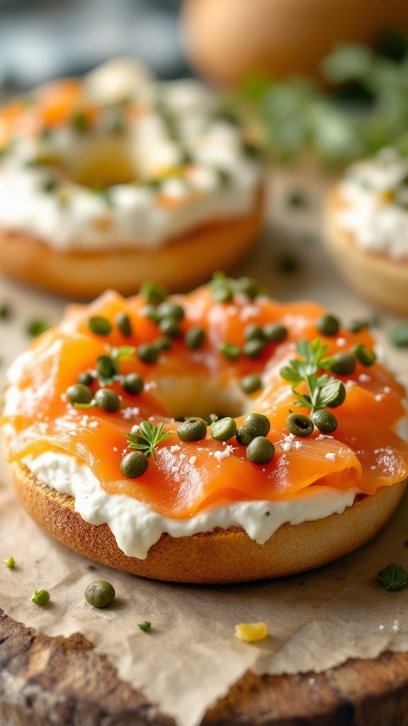 A smoked salmon bagel topped with cream cheese and capers, placed on a wooden surface.