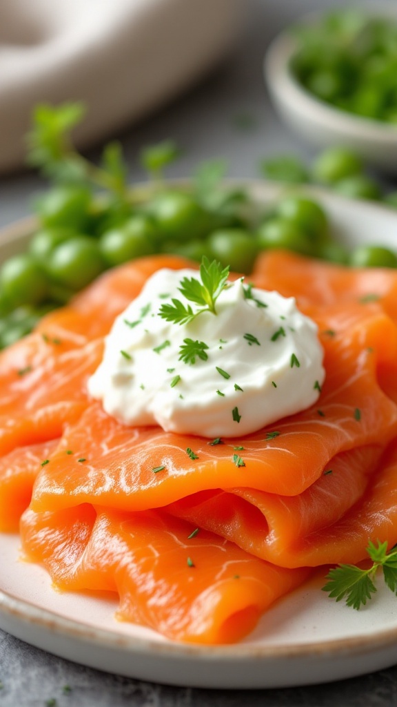 A plate of smoked salmon with cream cheese and fresh herbs, accompanied by green peas.