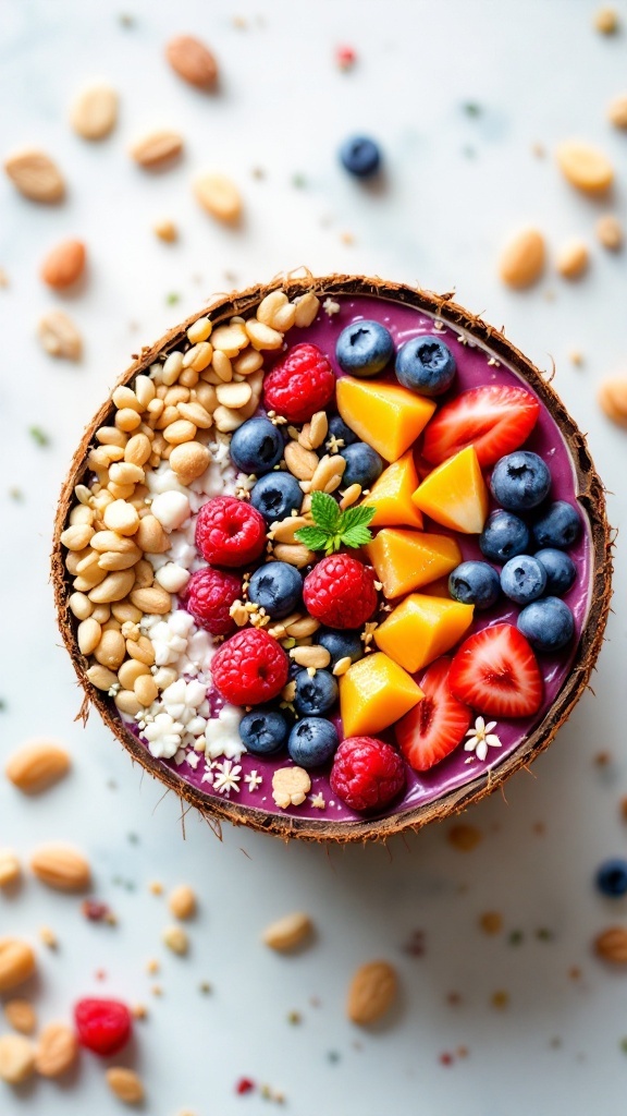 A colorful smoothie bowl topped with fruits and nuts, including blueberries, raspberries, mango, and pine nuts, served in a coconut shell.