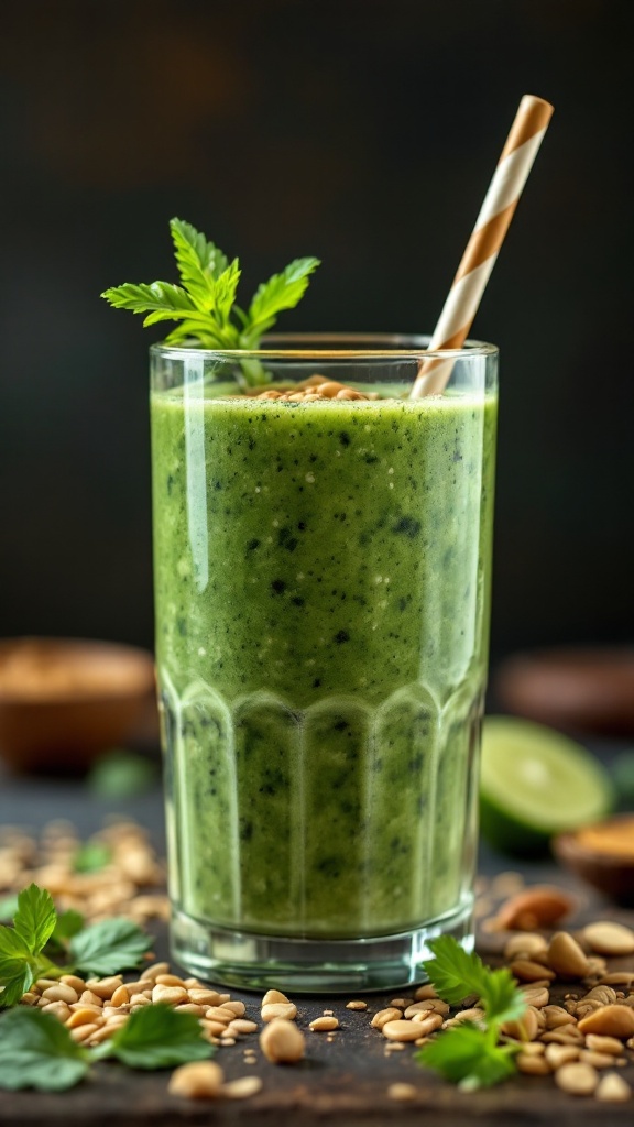 A healthy green smoothie in a tall glass, garnished with mint and surrounded by nuts.