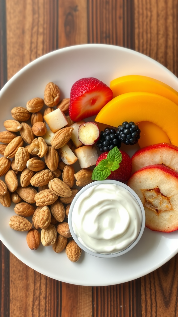 A plate filled with sliced fruits, nuts, and yogurt for a healthy snack.