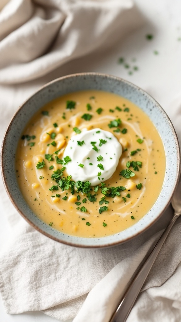 A bowl of creamy corn soup topped with a dollop of cream and fresh parsley.