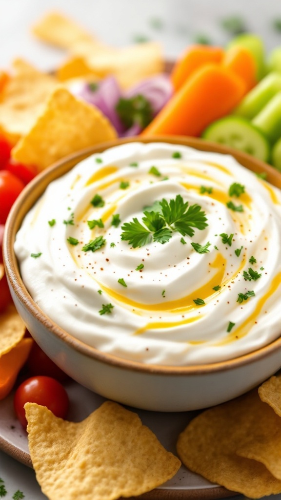 A bowl of sour cream with a drizzle of oil and herbs, surrounded by chips and fresh vegetables.