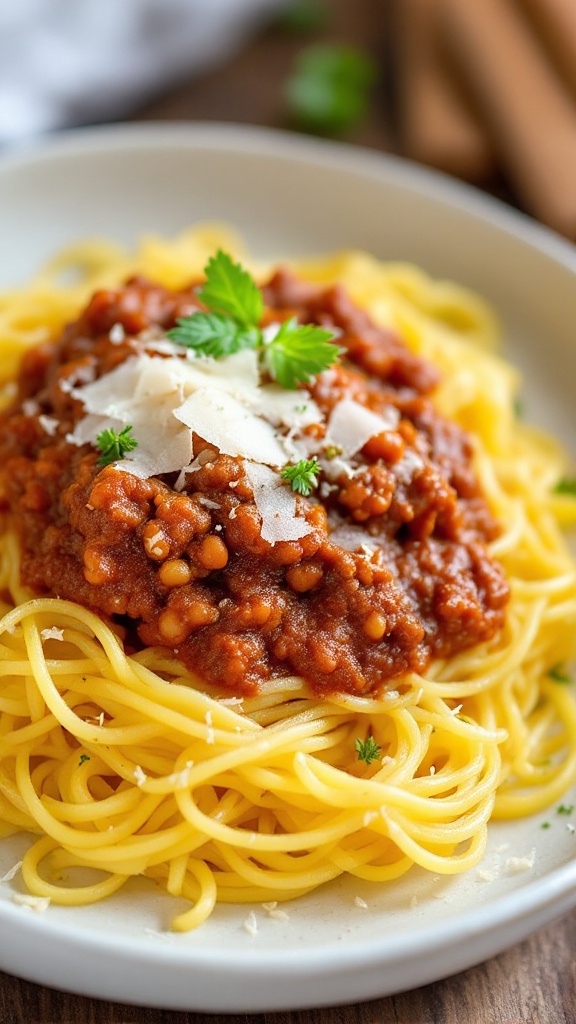 A plate of spaghetti squash topped with Bolognese sauce and garnished with herbs and cheese.