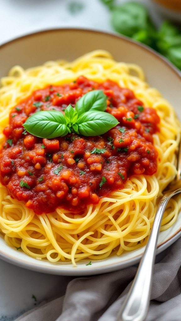 A plate of spaghetti squash topped with marinara sauce and fresh basil.