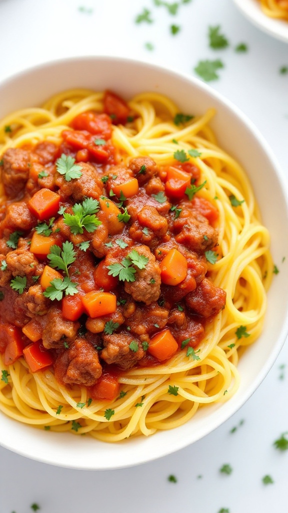 Spaghetti squash topped with a hearty meat sauce and garnished with fresh herbs.