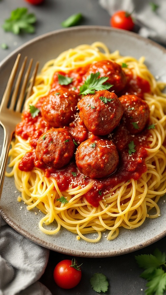 A plate of spaghetti topped with meatballs and tomato sauce, garnished with fresh herbs.