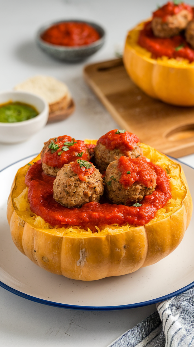 A bowl of spaghetti squash topped with turkey meatballs and tomato sauce, garnished with herbs.