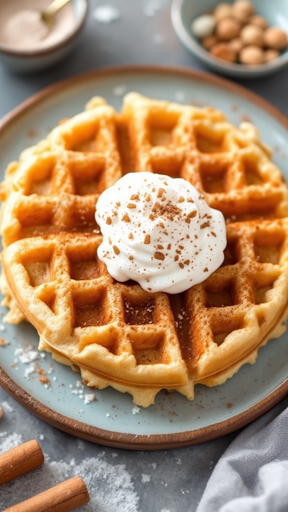 A plate of spiced coconut flour waffles topped with whipped cream and cinnamon.