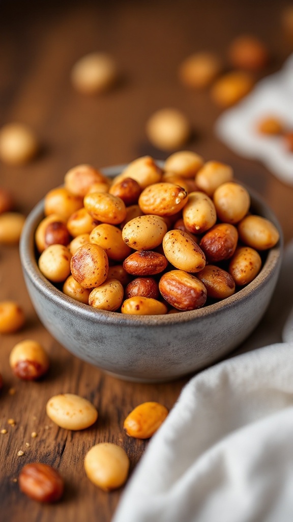 A bowl of spiced macadamia nuts on a wooden table