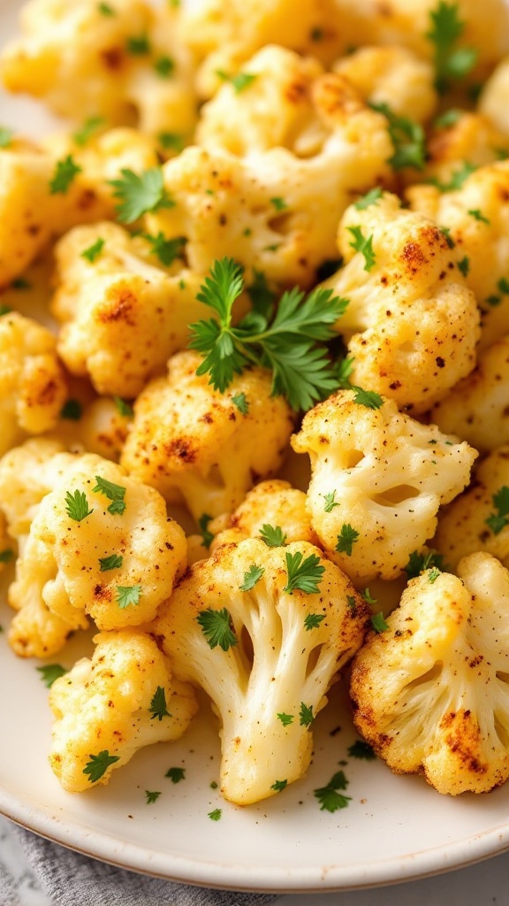 Plate of spiced roasted cauliflower garnished with fresh herbs