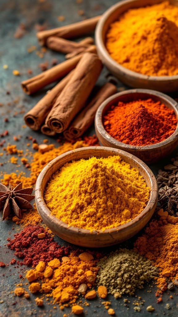 An assortment of colorful spices in wooden bowls, including turmeric, cinnamon, and paprika, on a textured surface.