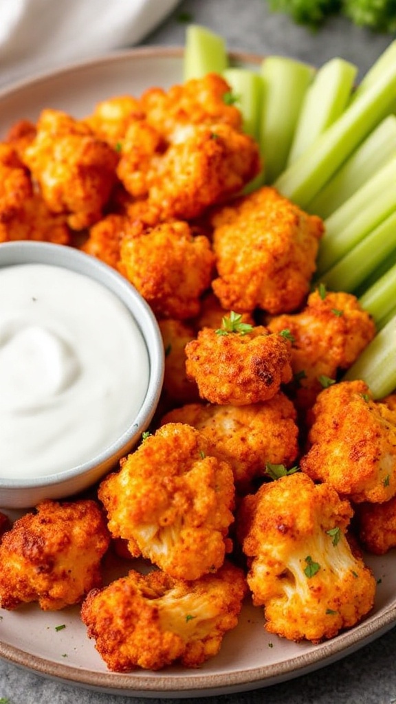 A plate of spicy cauliflower buffalo bites with celery sticks and a bowl of creamy dip.