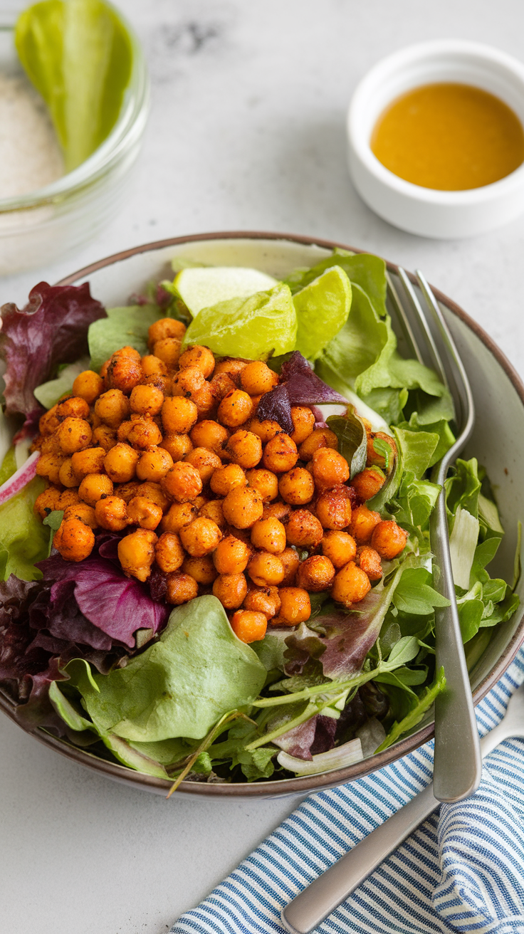 A bowl of Spicy Chickpea Salad with roasted chickpeas, mixed greens, lime wedges, and a small bowl of dressing.