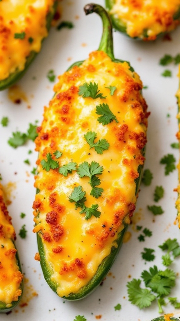 A plate of baked spicy jalapeño poppers topped with melted cheese and fresh cilantro.