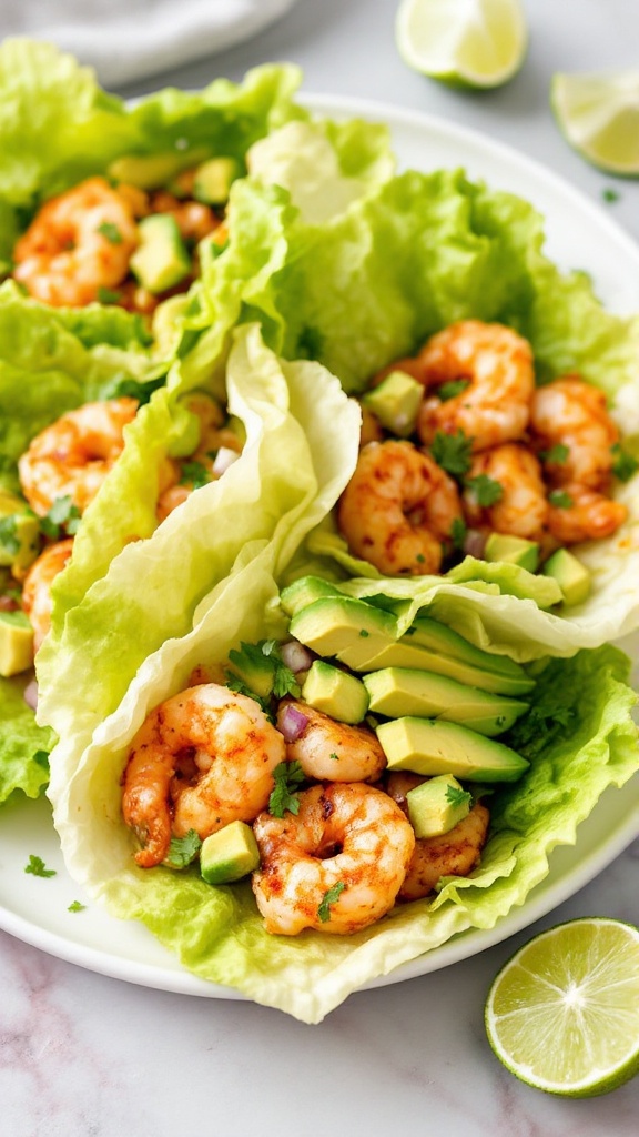 A plate of spicy shrimp tacos in lettuce wraps, garnished with avocado and lime.