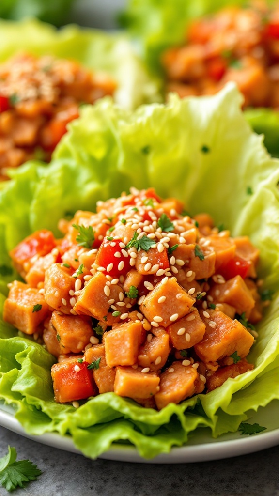 A plate of spicy tuna salad served in green lettuce wraps with sesame seeds and red bell pepper.