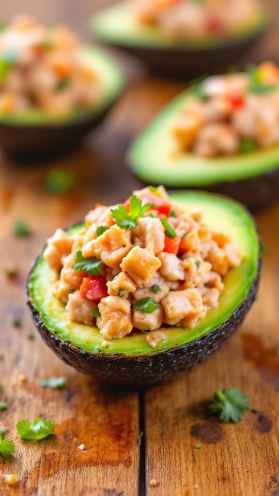 Spicy tuna stuffed avocado halves on a wooden table.