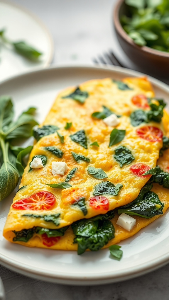 A delicious spinach and feta omelette garnished with cherry tomatoes and herbs, served on a plate