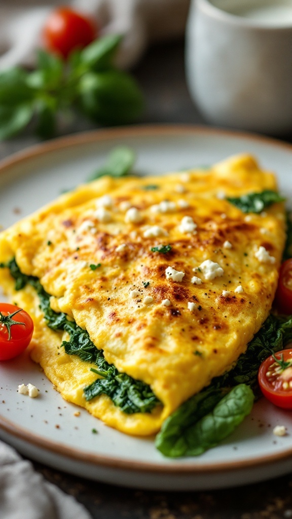 A delicious spinach and feta omelette served on a plate with cherry tomatoes.