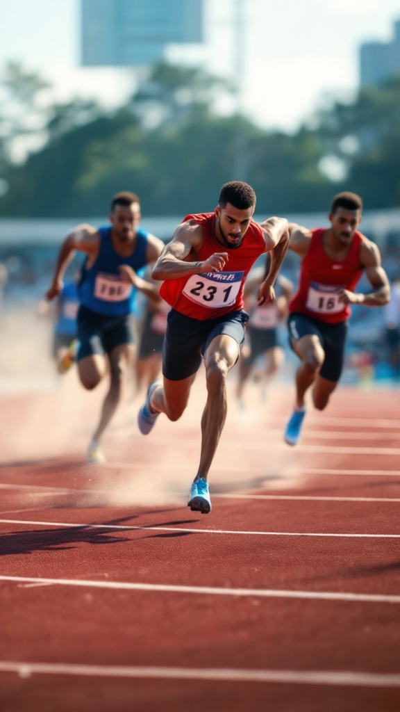 Athletes sprinting on a track, showing determination and focus during a race.