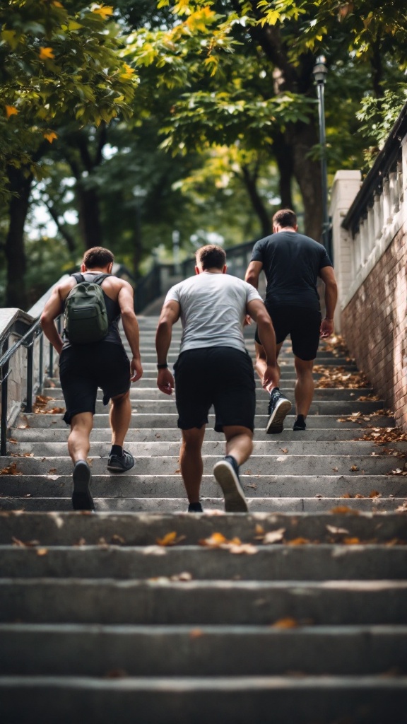 Three individuals climbing stairs in a park setting