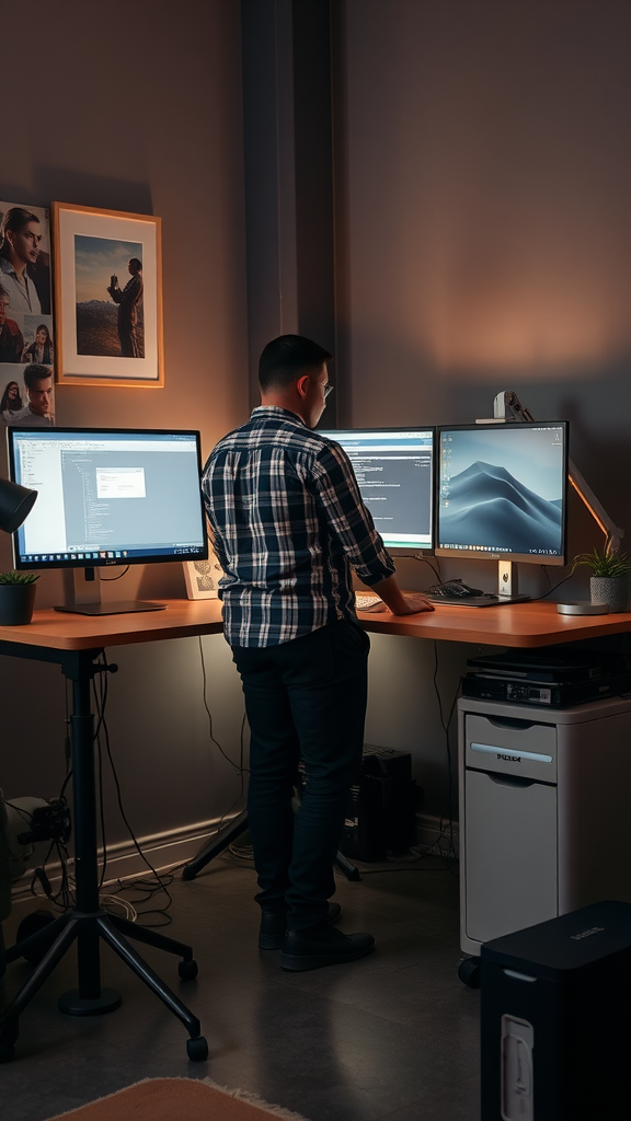 A person working at a standing desk with multiple monitors in a cozy home office setting.