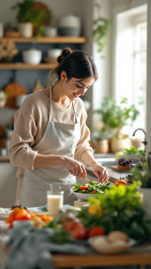 A woman happily preparing a fresh salad in a well-lit kitchen filled with vegetables.