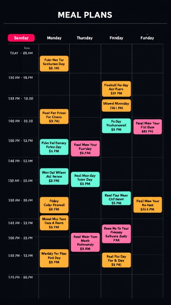 A colorful weekly planner filled with various activities and tasks organized by time slots.