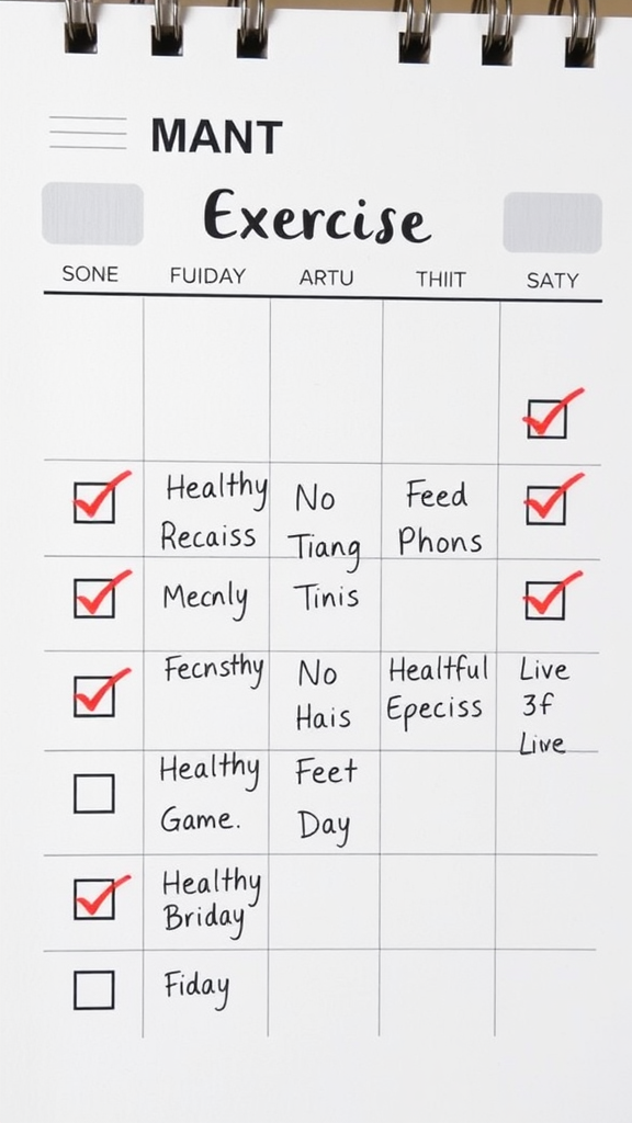 A weekly exercise planner with checkboxes showing completed tasks for fitness activities.