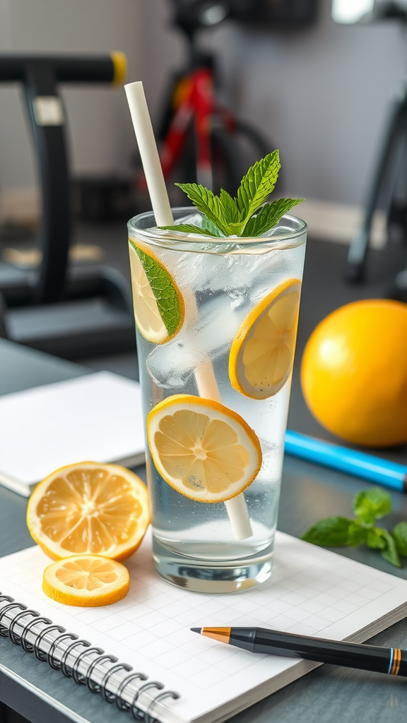 A refreshing glass of lemon-infused water with mint leaves, set against a fitness backdrop.