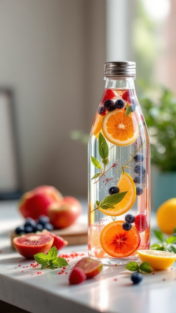 A bottle of fruit-infused water with oranges, berries, and mint leaves.