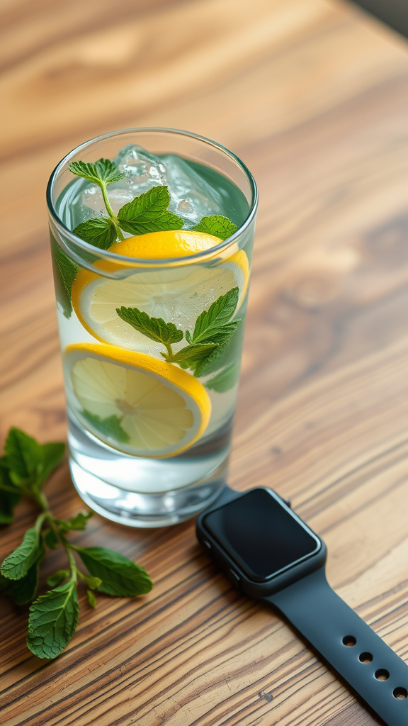 A glass of lemon-mint water next to a smartwatch on a wooden table