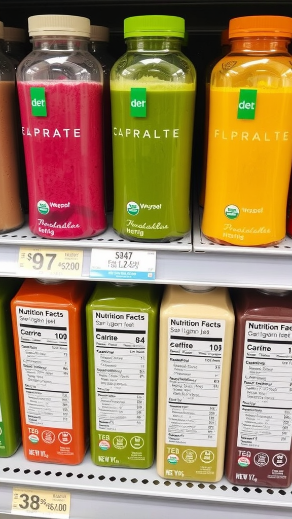 Variety of store-bought smoothies on a shelf, showcasing different colors and flavors with nutrition labels