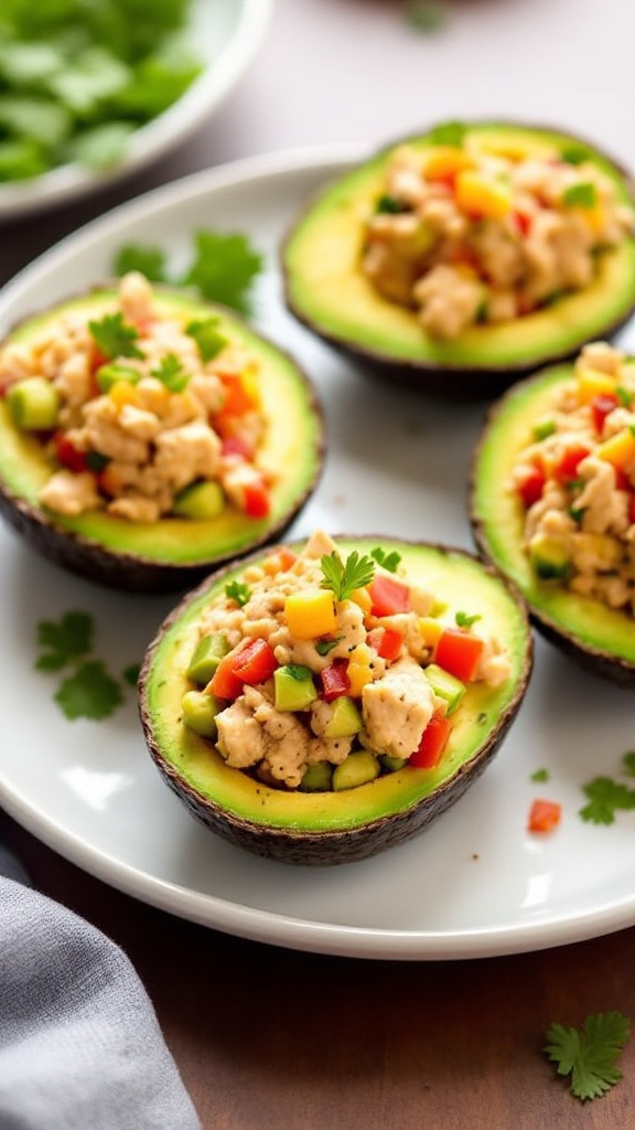 Stuffed avocados with tuna salad, topped with cilantro, on a white plate.