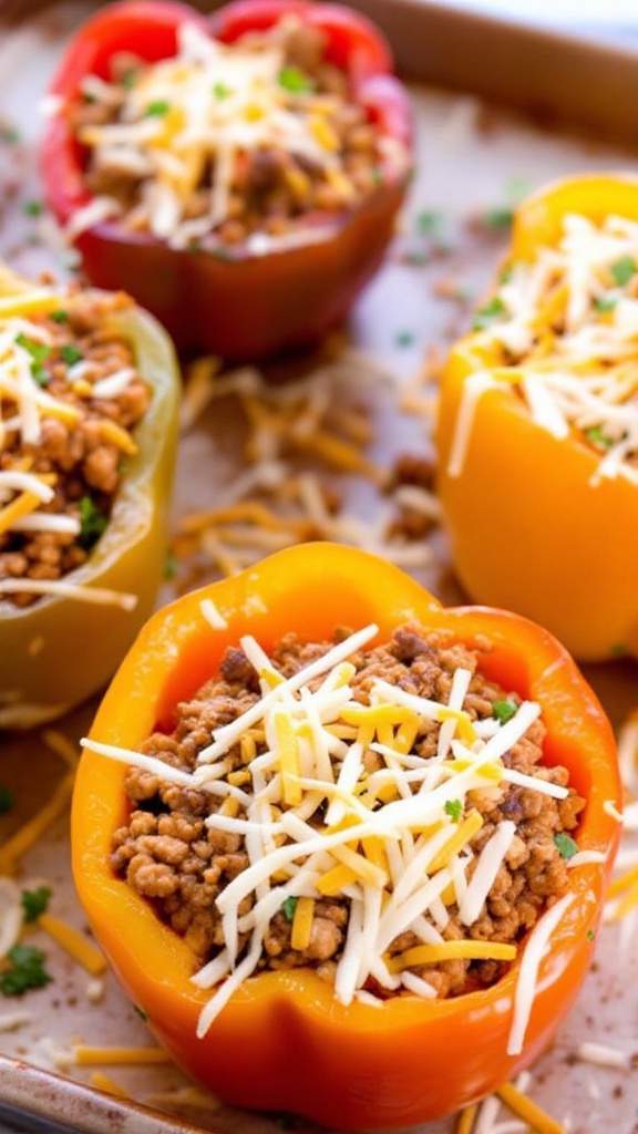 Colorful stuffed bell peppers filled with ground meat and topped with cheese.