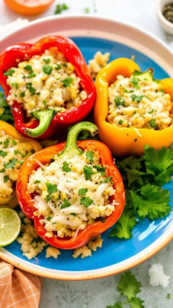 Colorful stuffed bell peppers filled with cauliflower rice and topped with cheese and cilantro.