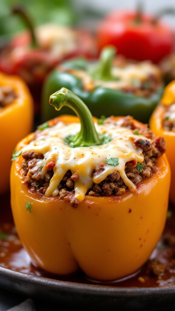 Stuffed bell peppers filled with ground beef and topped with melted cheese