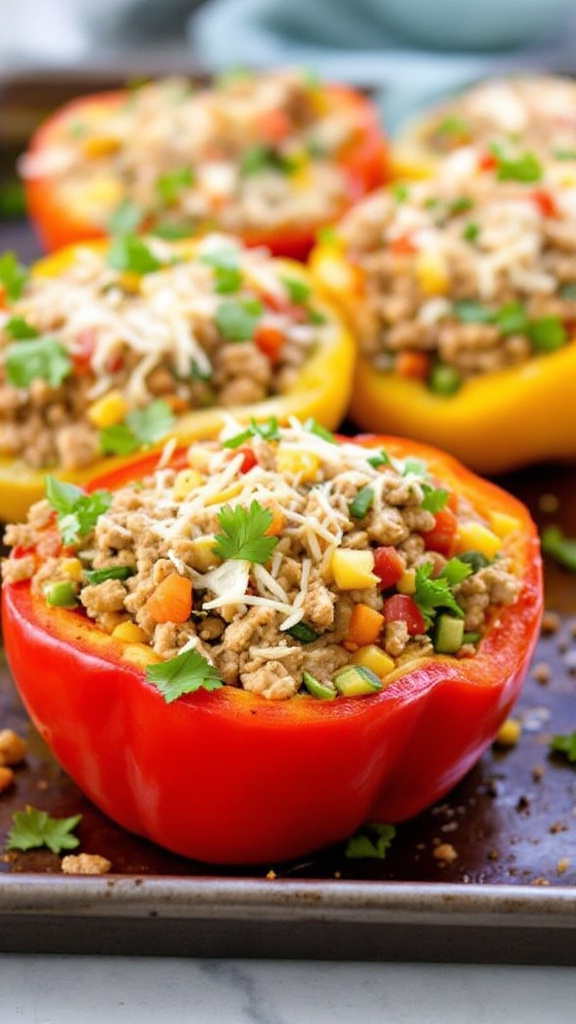 Colorful stuffed bell peppers filled with ground turkey and topped with cheese.