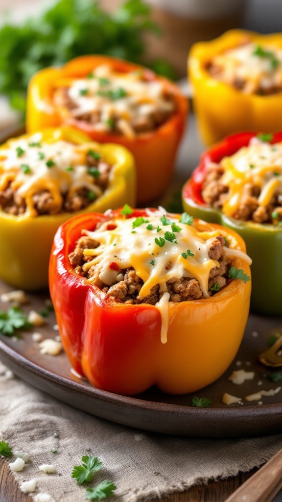 Colorful stuffed bell peppers filled with ground turkey and topped with melted cheese and herbs.